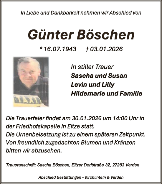 Traueranzeige von Günter Böschen von SYKS