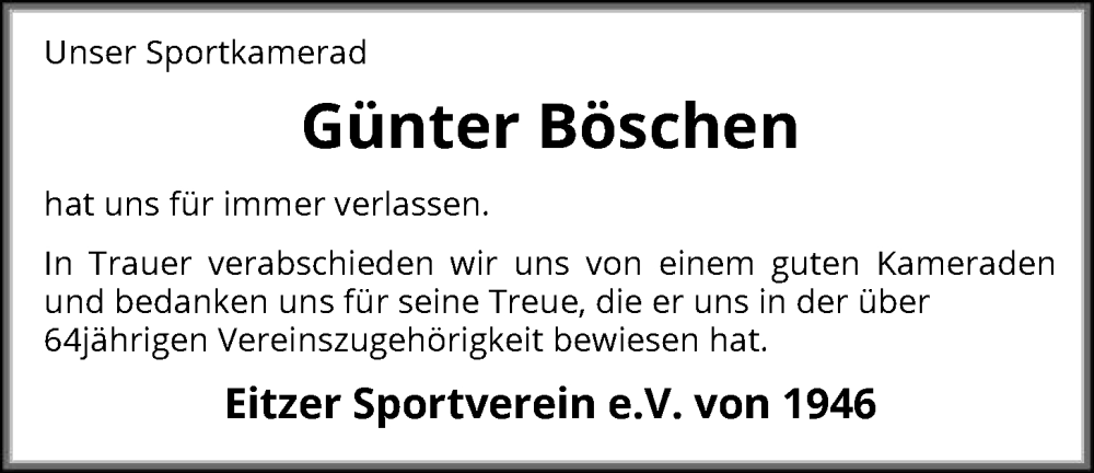  Traueranzeige für Günter Böschen vom 17.01.2026 aus SYKS