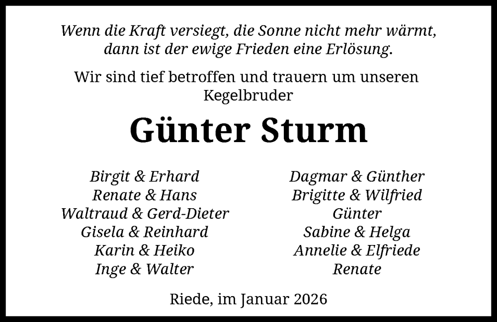  Traueranzeige für Günter Sturm vom 12.01.2026 aus SYKS