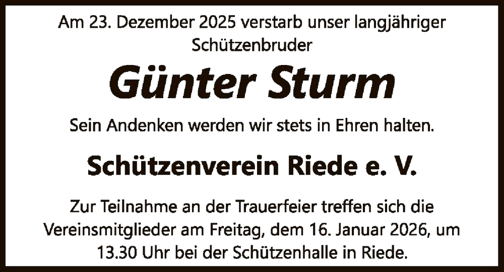  Traueranzeige für Günter Sturm vom 14.01.2026 aus SYKS