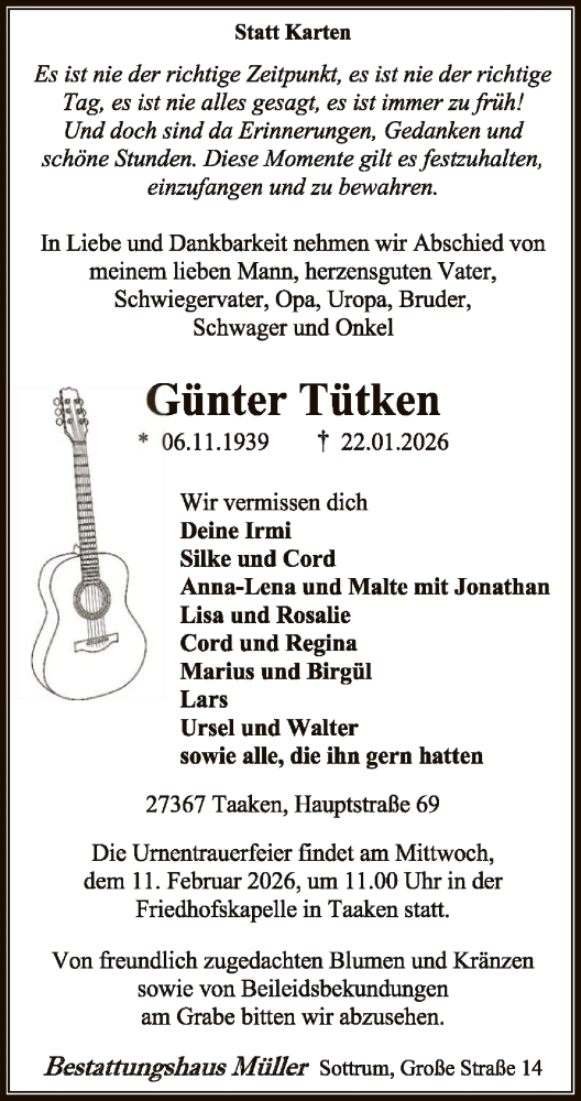  Traueranzeige für Günter Tütken vom 31.01.2026 aus SYKR