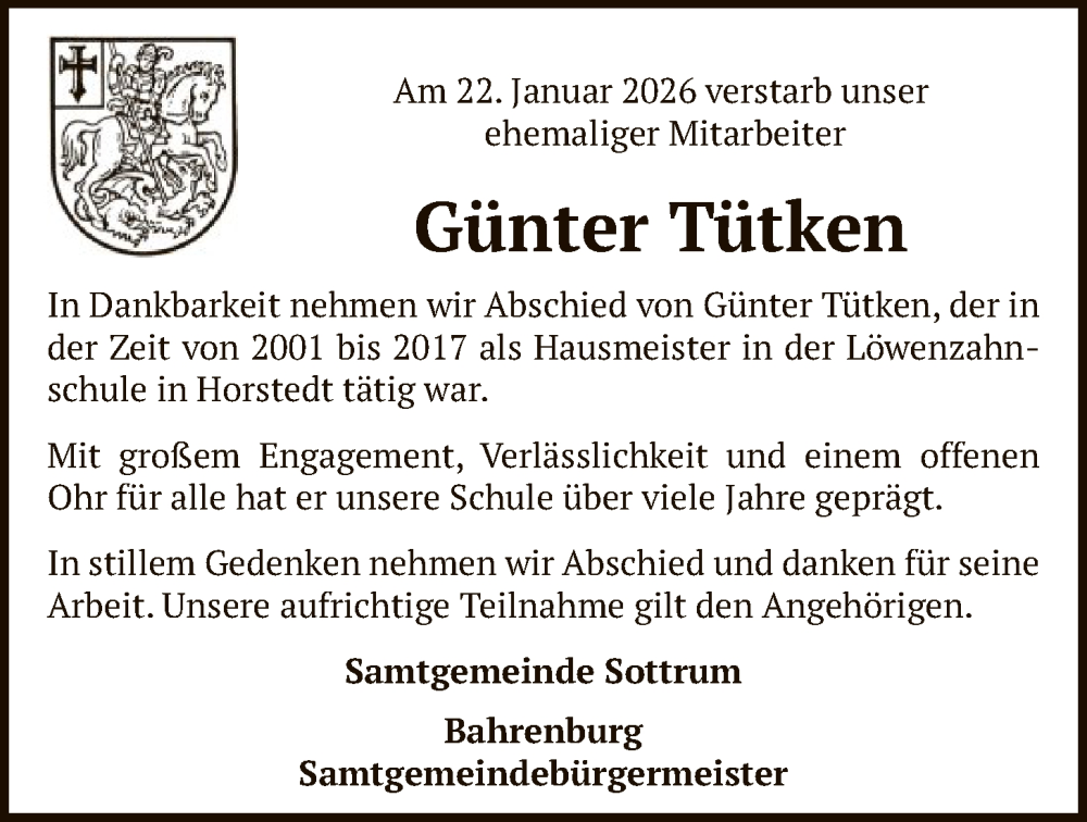  Traueranzeige für Günter Tütken vom 31.01.2026 aus SYKR