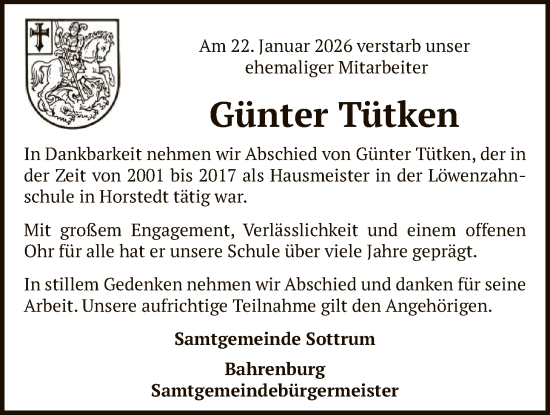 Traueranzeige von Günter Tütken von SYKR