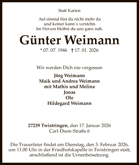 Traueranzeige von Günter Weimann von SYKS