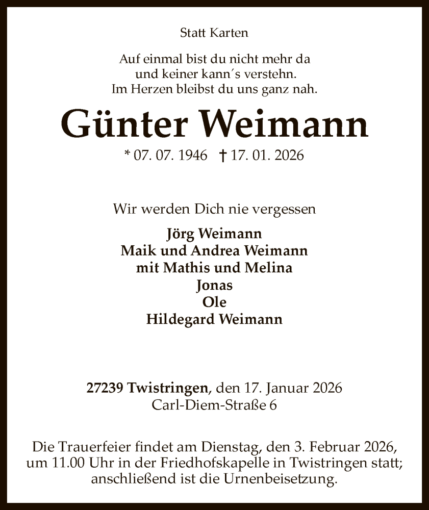 Traueranzeige für Günter Weimann vom 28.01.2026 aus SYKS