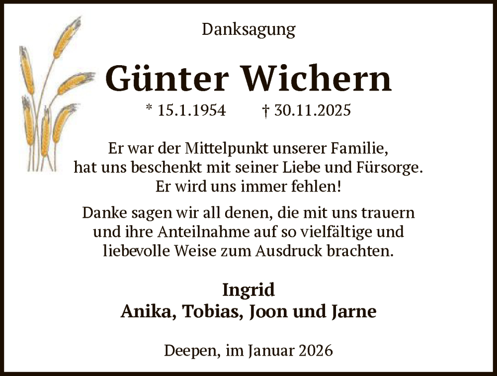  Traueranzeige für Günter Wichern vom 17.01.2026 aus SYKR