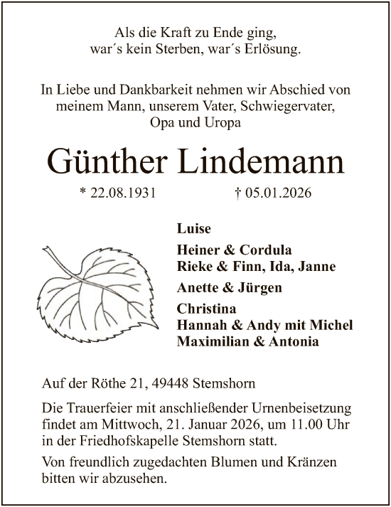 Traueranzeige von Günther Lindemann von SYKS