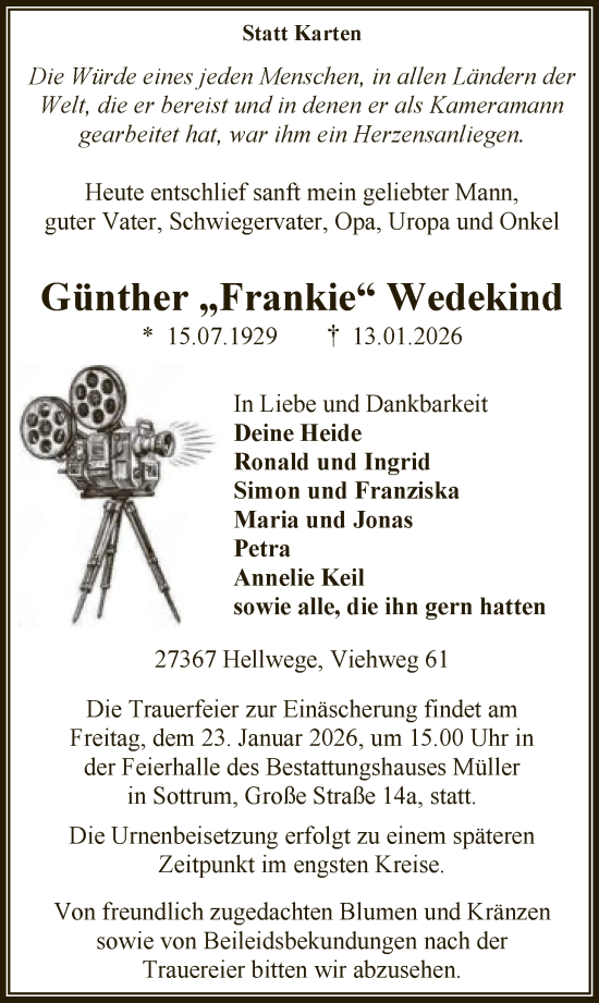Traueranzeige von Günther Wedekind von SYKS