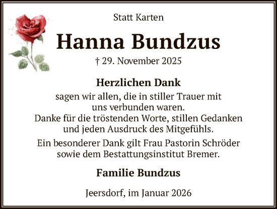 Traueranzeige von Hanna Bundzus von SYKR