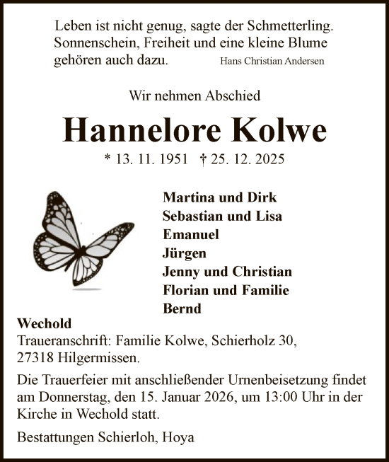 Traueranzeige von Hannelore Kolwe von SYKS