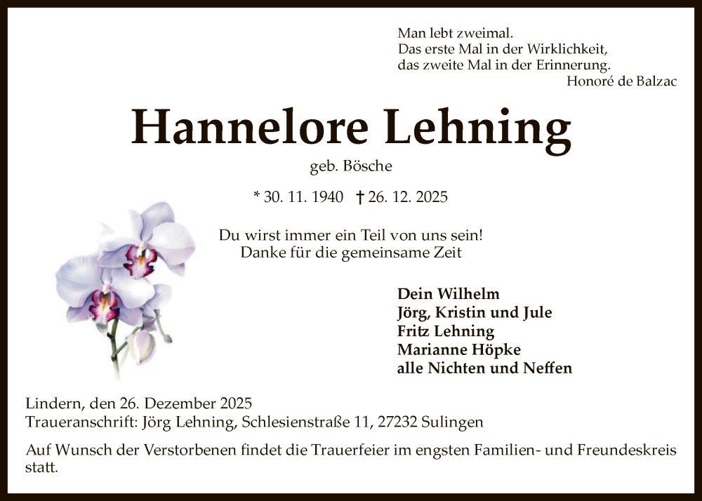  Traueranzeige für Hannelore Lehning vom 03.01.2026 aus SYKS