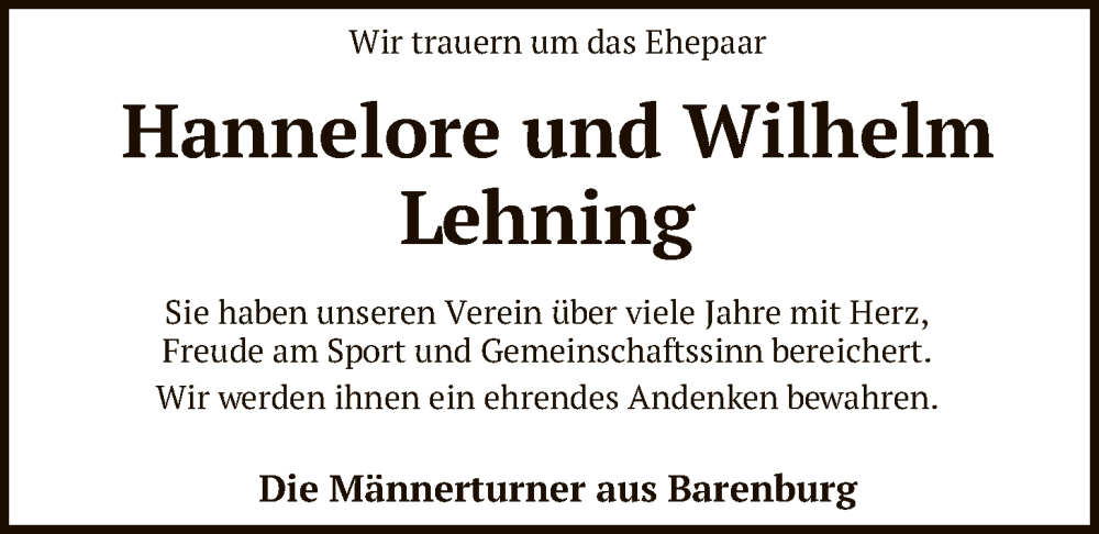  Traueranzeige für Hannelore und Wilhelm Lehning vom 28.01.2026 aus SYKS