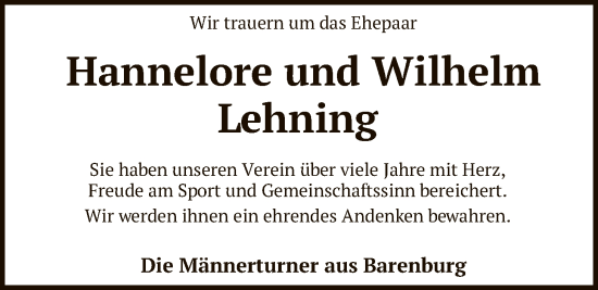 Traueranzeige von Hannelore und Wilhelm Lehning von SYKS