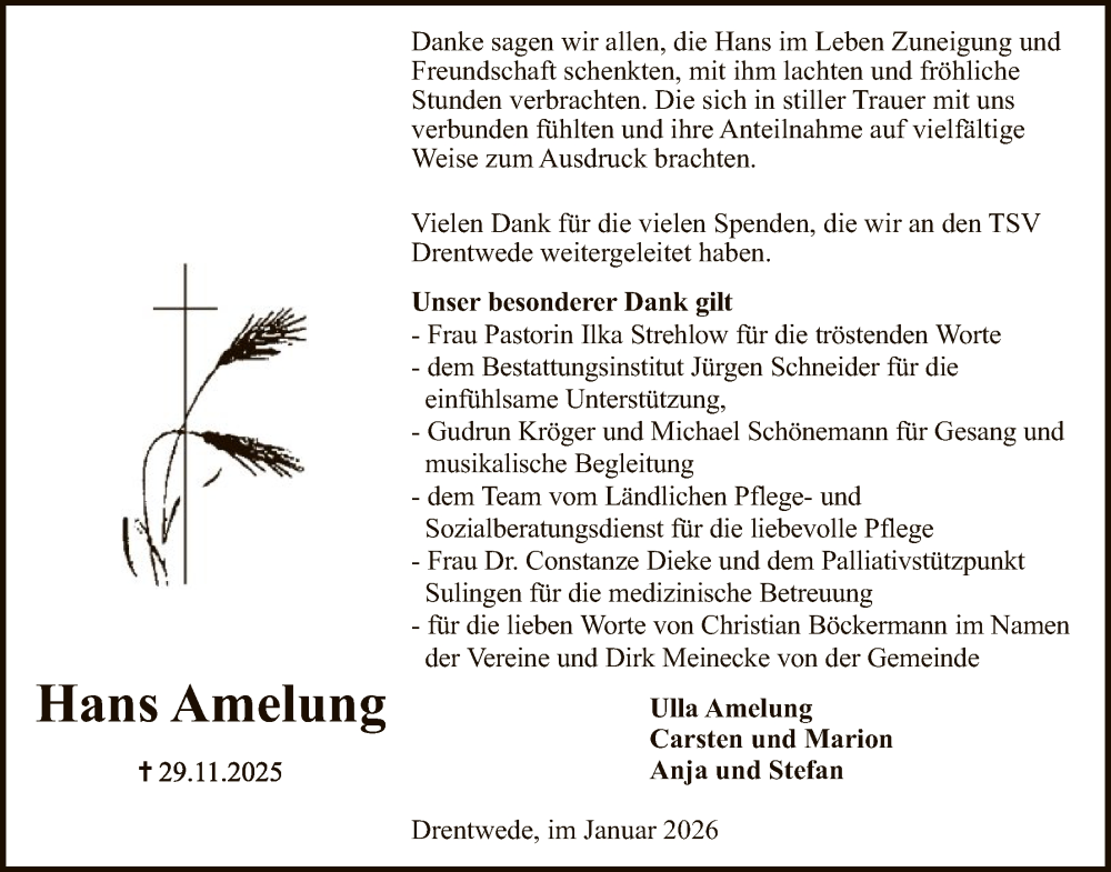  Traueranzeige für Hans Amelung vom 24.01.2026 aus SYKSSYKS