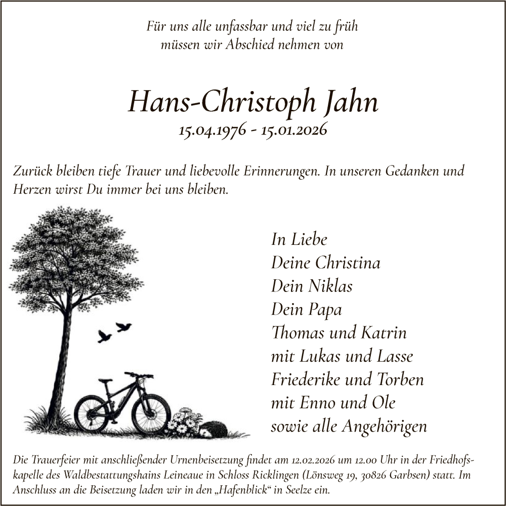  Traueranzeige für Hans-Christoph Jahn vom 24.01.2026 aus SYKS