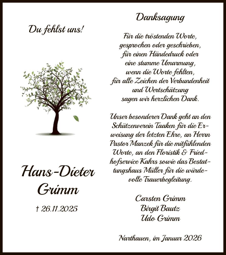  Traueranzeige für Hans-Dieter Grimm vom 03.01.2026 aus SYKR
