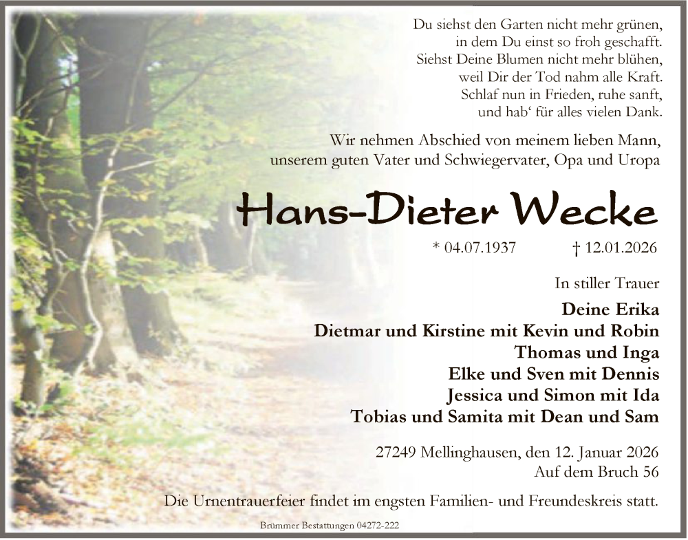  Traueranzeige für Hans-Dieter Wecke vom 24.01.2026 aus SYKS