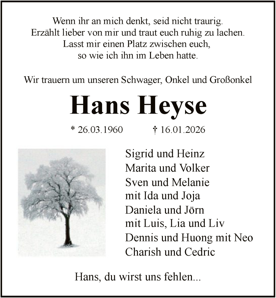  Traueranzeige für Hans Heyse vom 24.01.2026 aus SYKS