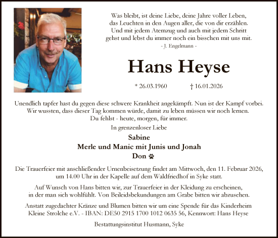 Traueranzeige von Hans Heyse von SYKS