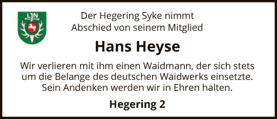 Traueranzeige von Hans Heyse von SYKS