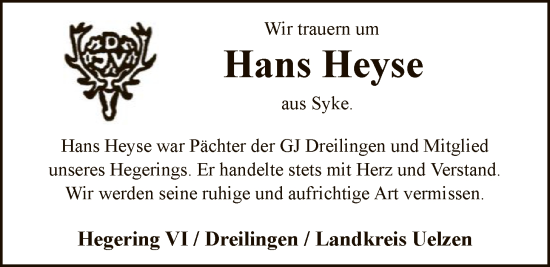 Traueranzeige von Hans Heyse von SYKS
