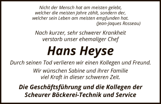 Traueranzeige von Hans Heyse von SYKS