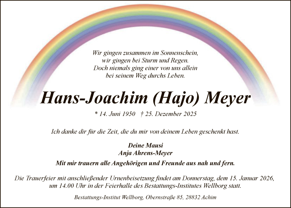  Traueranzeige für Hans-Joachim Meyer vom 03.01.2026 aus SYKS