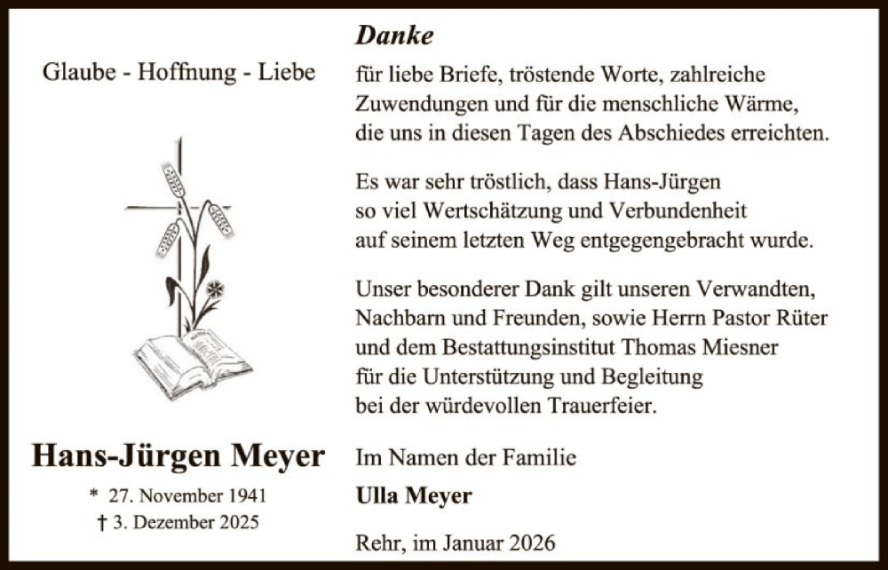 Traueranzeige für Hans-Jürgen Meyer vom 10.01.2026 aus SYKR