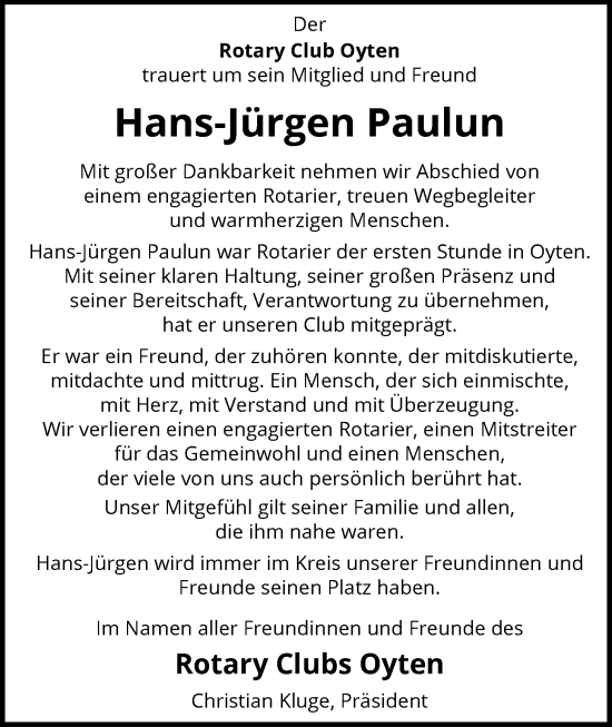 Traueranzeige von Hans-Jürgen Paulun von SYKS