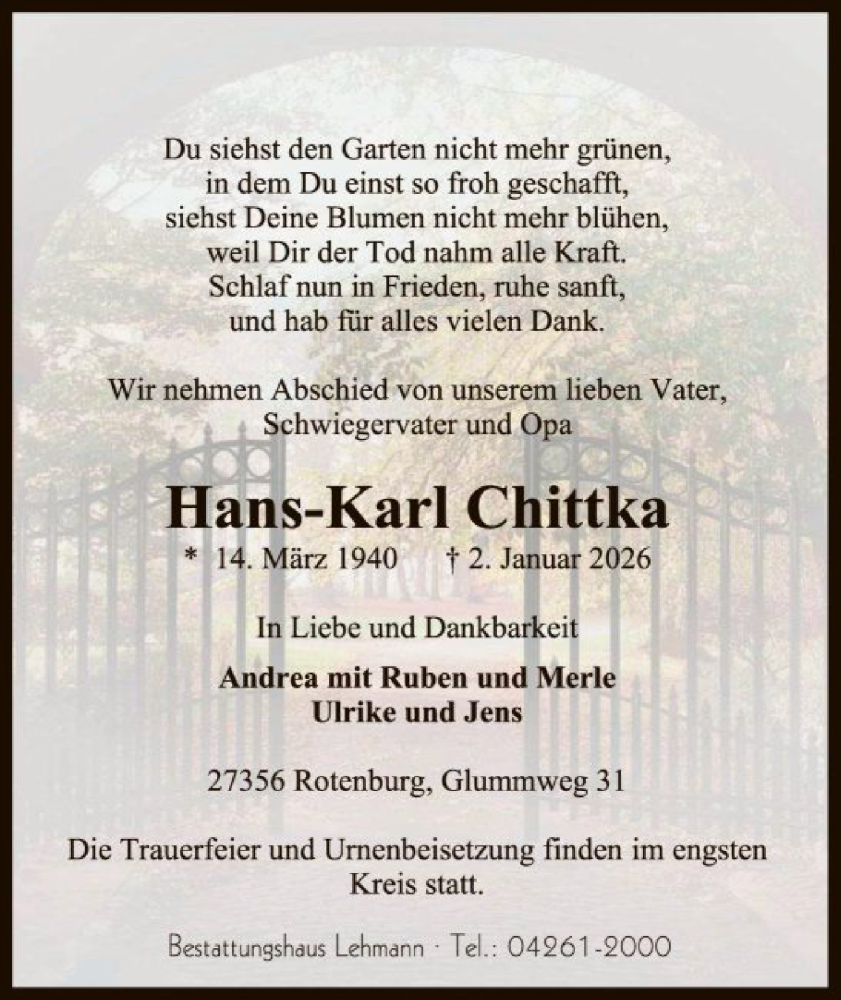  Traueranzeige für Hans-Karl Chittka vom 10.01.2026 aus SYKR
