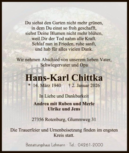 Traueranzeige von Hans-Karl Chittka von SYKR