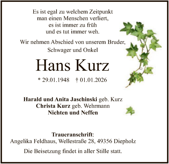 Traueranzeige von Hans Kurz von SYKS