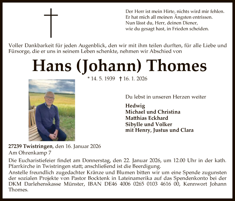  Traueranzeige für Hans Thomes vom 20.01.2026 aus SYKS