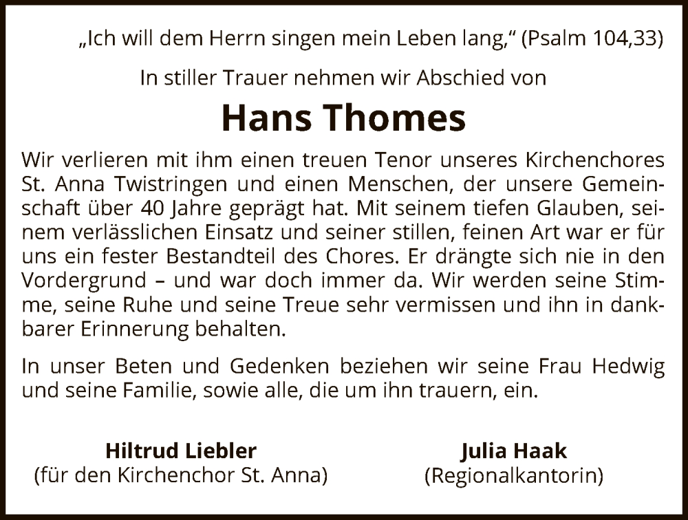  Traueranzeige für Hans Thomes vom 20.01.2026 aus SYKS