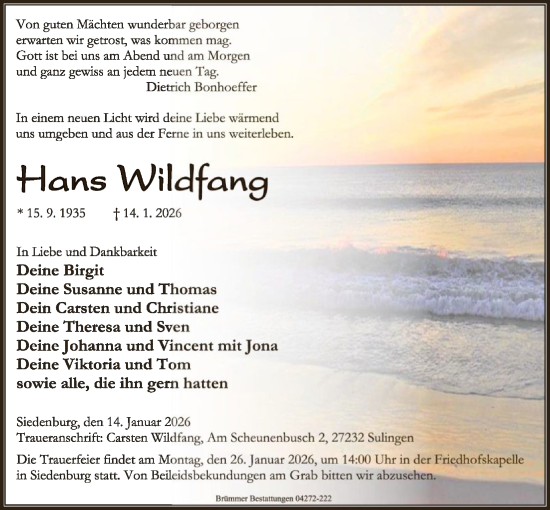 Traueranzeige von Hans Wildfang von SYKS