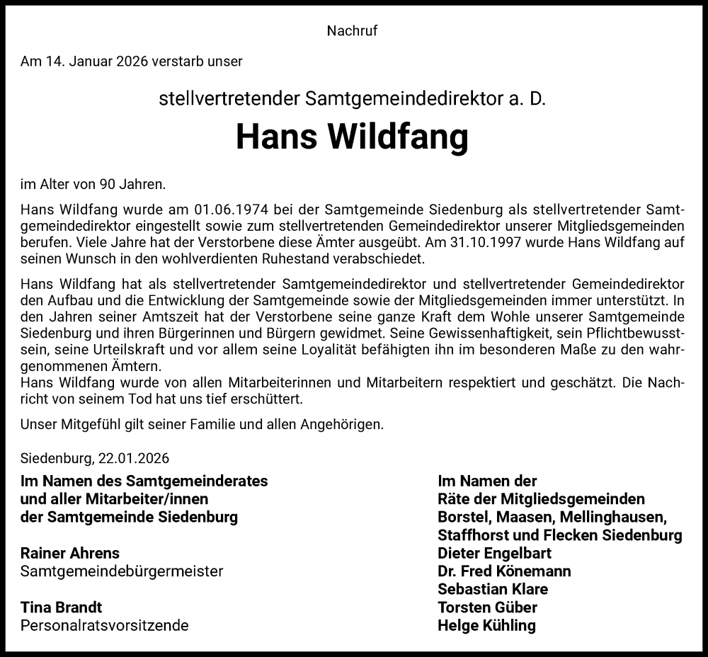  Traueranzeige für Hans Wildfang vom 24.01.2026 aus SYKS