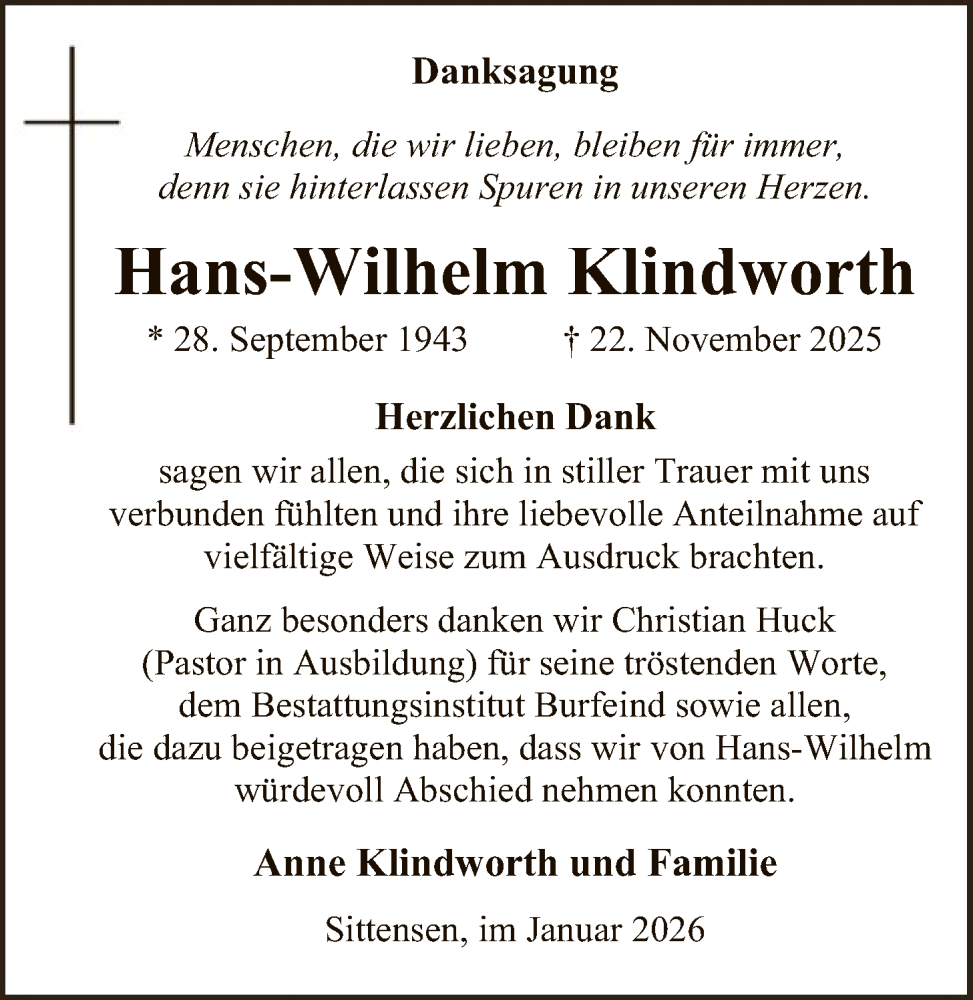  Traueranzeige für Hans-Wilhelm Klindworth vom 24.01.2026 aus SYKR