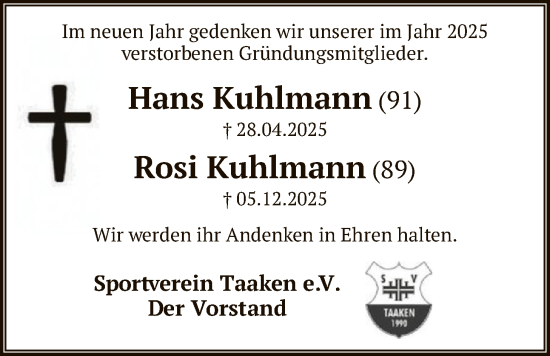 Traueranzeige von Hans und Rosi Kuhlmann von SYKR