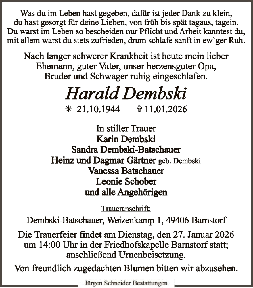  Traueranzeige für Harald Dembski vom 17.01.2026 aus SYKS