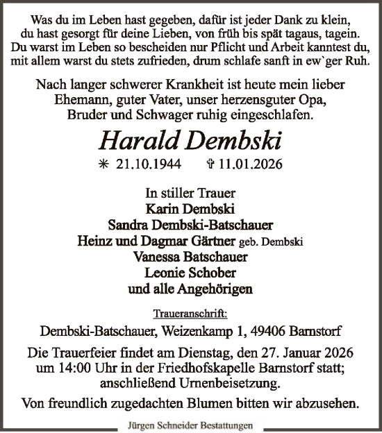 Traueranzeige von Harald Dembski von SYKS