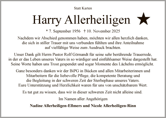 Traueranzeige von Harry Allerheiligen von SYKS