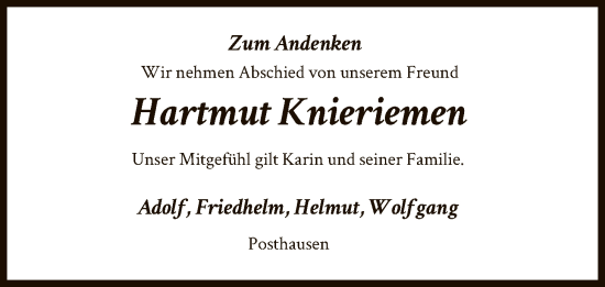 Traueranzeige von Hartmut Knieriemen von SYKS