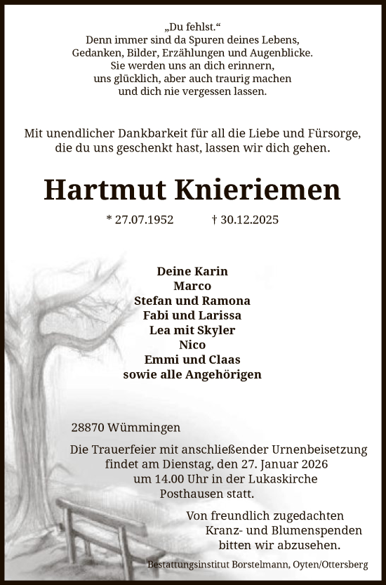 Traueranzeige von Hartmut Knieriemen von SYKS