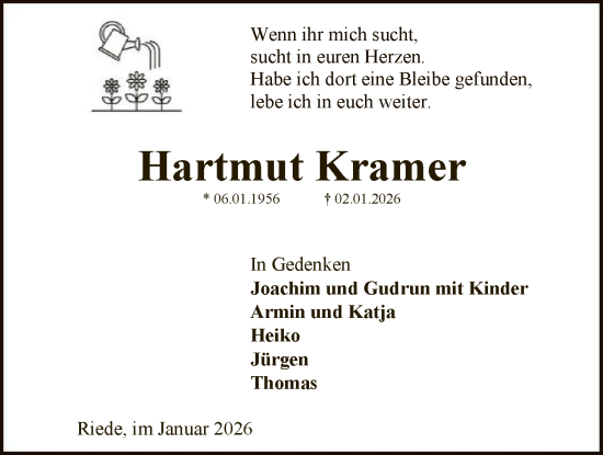 Traueranzeige von Hartmut Kramer von SYKSSYKS