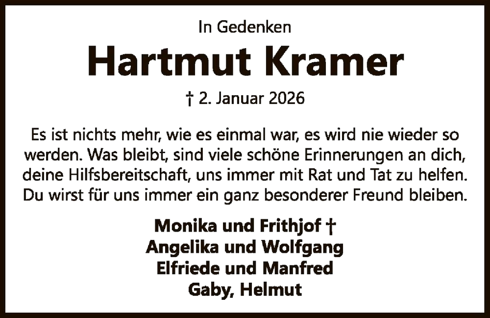  Traueranzeige für Hartmut Kramer vom 10.01.2026 aus SYKSSYKS