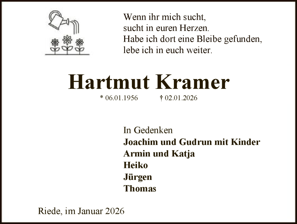  Traueranzeige für Hartmut Kramer vom 10.01.2026 aus SYKSSYKS