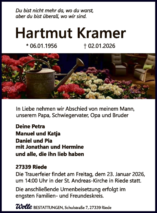 Traueranzeige von Hartmut Kramer von SYKSSYKS
