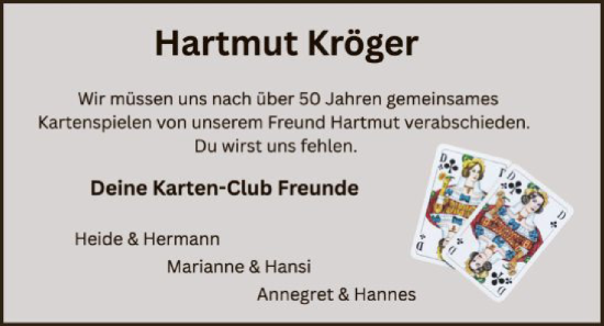 Traueranzeige von Hartmut Kröger von SYKS