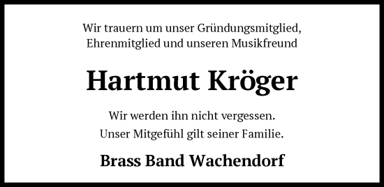 Traueranzeige von Hartmut Kröger von SYKS