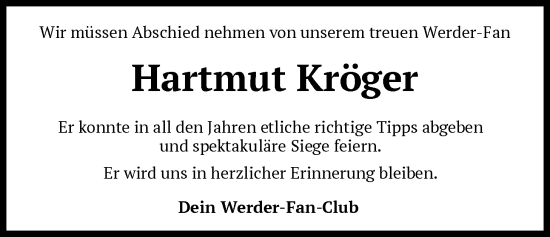 Traueranzeige von Hartmut Kröger von SYKS